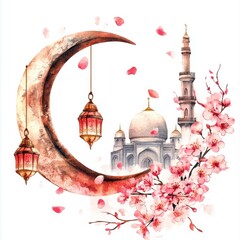 Watercolor Painting of Crescent Moon Mosque and Cherry Blossoms