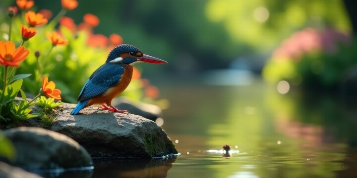 A vibrant kingfisher perches on a rock beside a tranquil pond, surrounded by a profusion of colorful blossoms in a serene natural setting