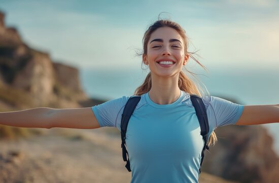 A young woman in athletic attire, arms wide open, smiles joyfully, feeling completely at ease amidst nature