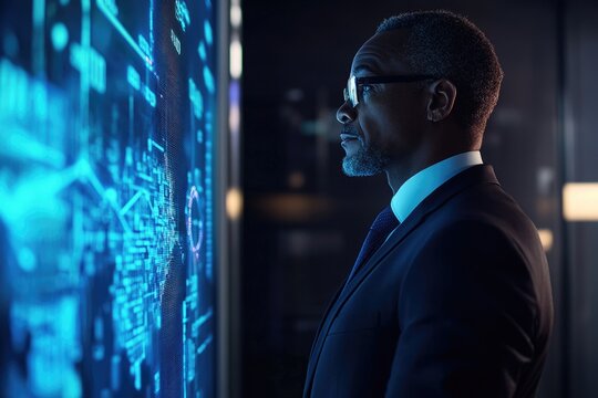 A businessman in a suit examines a large digital screen filled with complex data and charts.