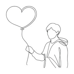 Single line drawing, boy, heart shaped balloon, love, romance, affection, Valentines, minimal art
