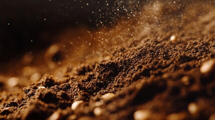 Macro shot of sprouting seed in dark fertile soil viewed from side angle, tiny root system becoming visible, soil particles and organic matter texture in sharp detail, water droplets, natural