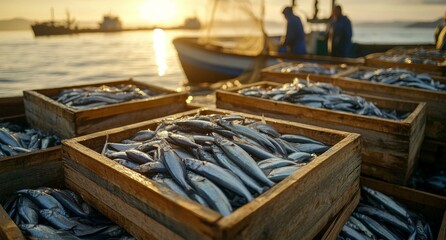 A close-up view of several salmon fish on the deck of a boat in the open sea during sunset