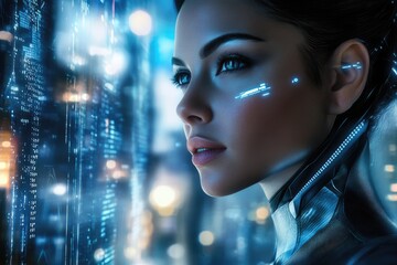 A futuristic woman with cybernetic enhancements gazes at a digital cityscape, showcasing advanced technology and a blend of human and machine.