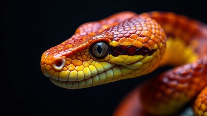 Naklejka premium Close-up of a vibrant reptile with fiery orange and yellow scales, its intense gaze captivating against a dark background, showcasing intricate details of its head and body