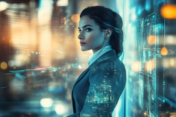 A woman in a business suit stands before a futuristic digital interface, reflecting a cityscape at night.