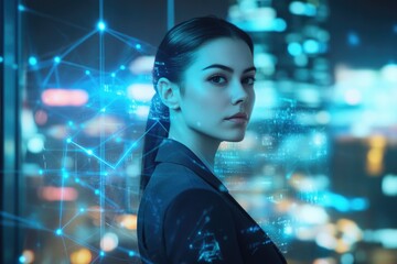 A young businesswoman stands against a backdrop of a futuristic city, symbolizing innovation and technological advancement.