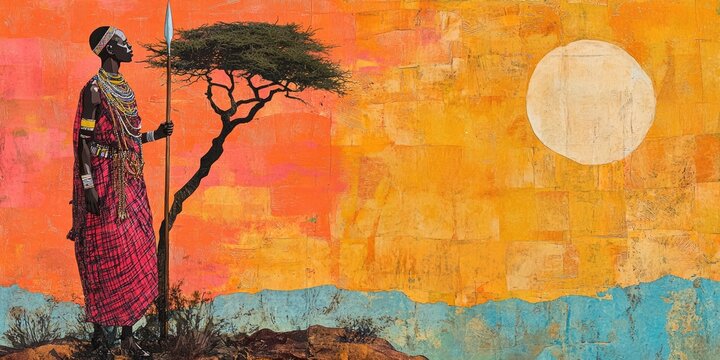 Maasai warrior, spear, acacia tree, sunset. African culture, tradition, landscape. Use for travel, cultural studies, and art blogs.