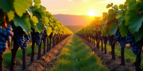 Fototapeta premium Golden Hour Vineyard Rows with Ripe Grapes Hanging Heavy on the Vines
