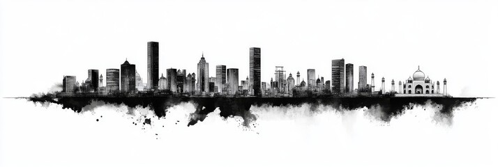 A sophisticated single-line depiction of New Delhi's notable landmarks, capturing architecture, history, culture, tourism, and India
