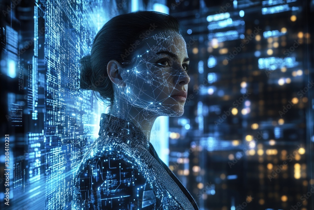 Poster a woman's face is overlaid with a futuristic digital network, symbolizing technological integration 
