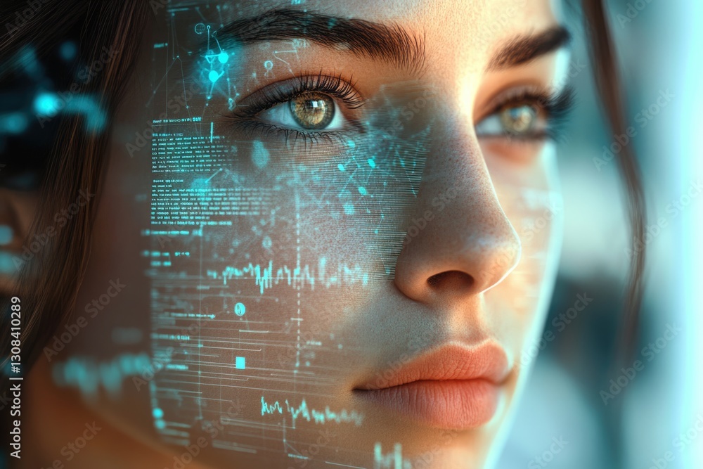 Poster a woman's face is overlaid with a futuristic, teal digital interface showing data streams and code.