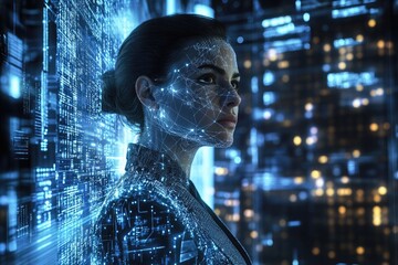 A woman's face is overlaid with a futuristic digital network, symbolizing technological integration and the merging of humanity and artificial intelligence.
