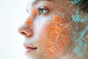 Woman's face overlaid with a digital network, symbolizing connection and technology's impact on humanity.