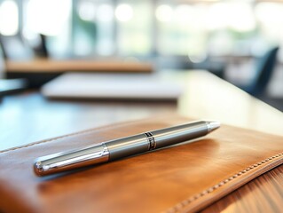 Fototapeta premium Executive Elegance: Flat Lay of Leather Desk Accessories with Smart Pen