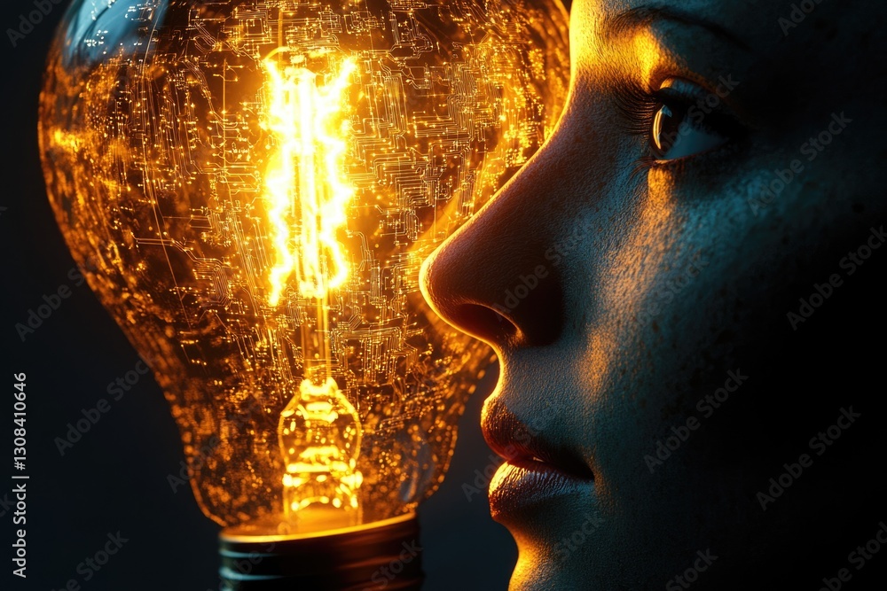 Poster a woman's face illuminated by a glowing lightbulb containing circuit patterns, symbolizing innovatio