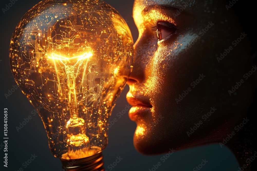 Poster a woman's face illuminated by a glowing lightbulb filled with circuit patterns, symbolizing innovati