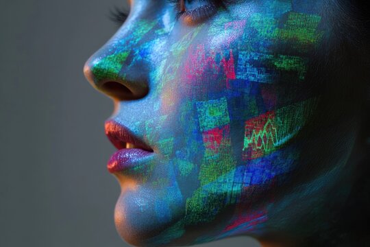 A woman's face is adorned with a vibrant, digital, multicolored paint resembling data streams.