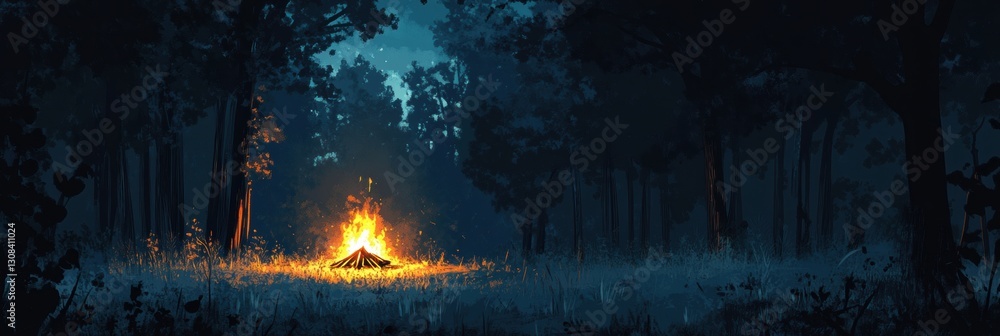 Poster solitary campfire illuminating a dark forest clearing at night in a peaceful setting generative ai