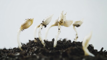 Time-lapse style single frame showing complete seed germination sequence, tiny seed splitting open in rich dark soil, white root emerging, stem pushing upward, cotyledons unfurling to first true