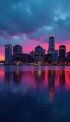 Naklejka premium Harbor at dusk, Boston's skyline reflected in the water , atmosphere, travel