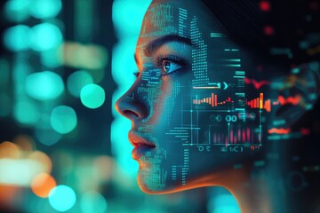 A woman's face is overlaid with futuristic digital data streams and charts, symbolizing technological integration with human life.