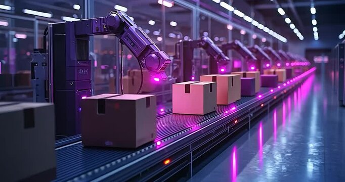 Robotic arm inspecting packages on automated conveyor belt