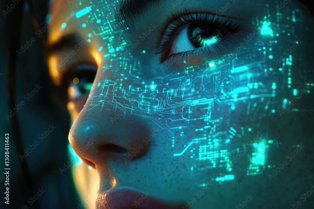 Poster close-up of a person's face with glowing teal circuit patterns overlayed, suggesting technological a