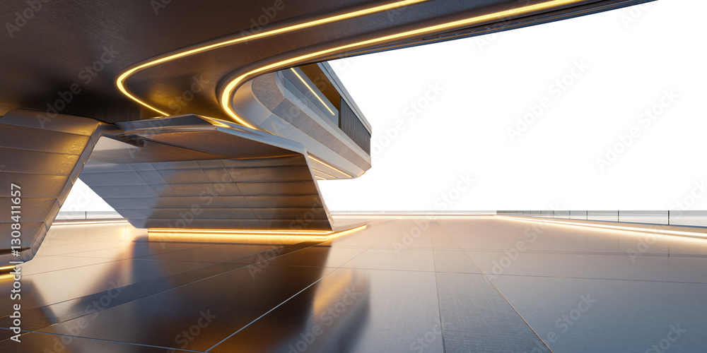 Poster 3d futuristic empty metallic building interior rendering with lights
