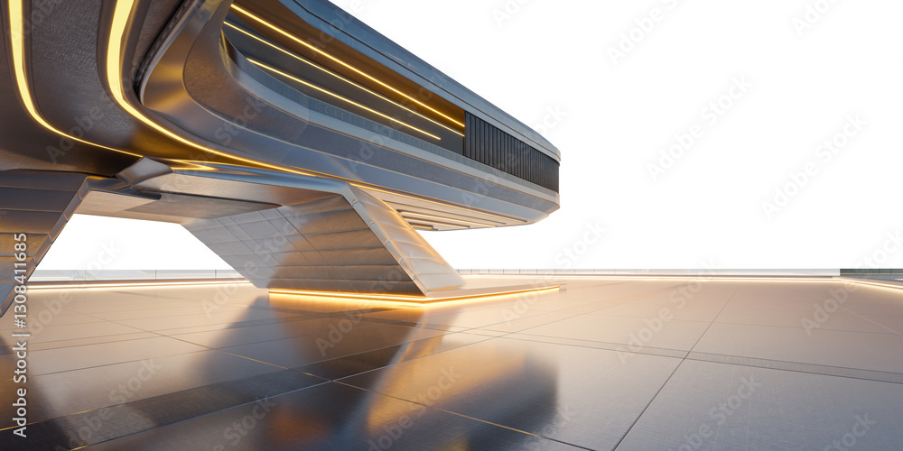Poster 3d futuristic building hovering over empty square with neon lights: 3d rendering