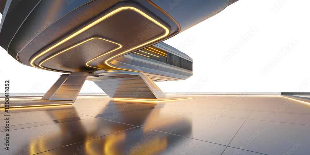 Poster futuristic building hovering over empty square with neon lights at sunset: 3d rendering