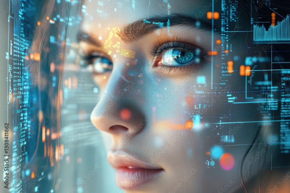 Poster woman's face overlaid with futuristic digital data streams and code, symbolizing technological integ