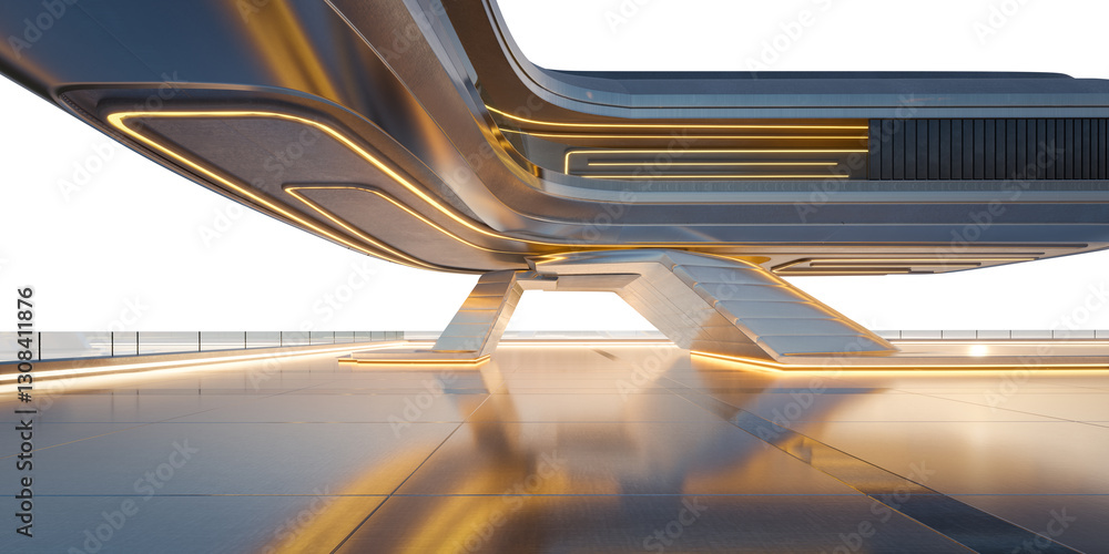 Poster 3d futuristic building hovering over empty square with glowing lights