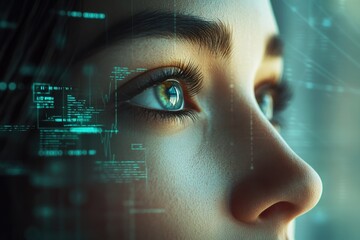 Close-up of a woman's eye with futuristic digital data overlay, symbolizing technological integration with human perception.