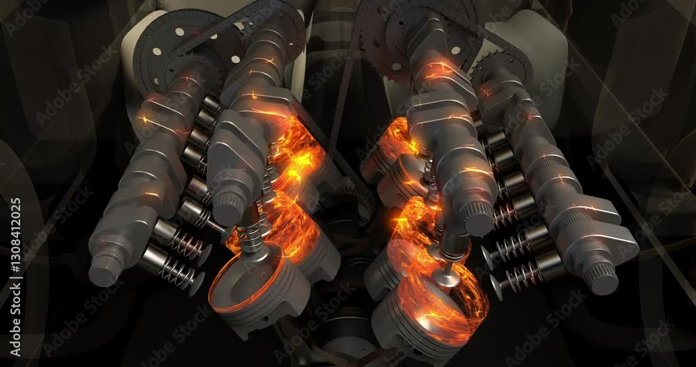 Aufkleber 3D Animation of Hood Opening to Reveal a Powerful V8 Engine. Industry And Technology Related 3D Animation.