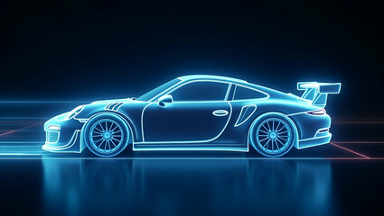 A holographic race car symbolizing speed performance and innovation in high speed transportation in a digital transport interface concept as Digital transport interface featuring a holographic race ca