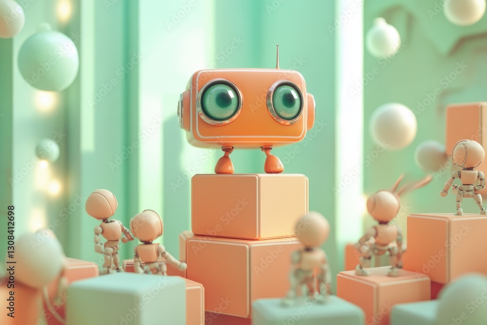 Poster a cute orange robot stands on a stack of blocks, surrounded by smaller robots in a pastel-colored en