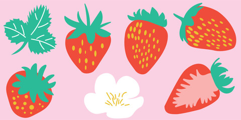Colorful Illustration of Strawberries with Leaves and Flower on Pink Background