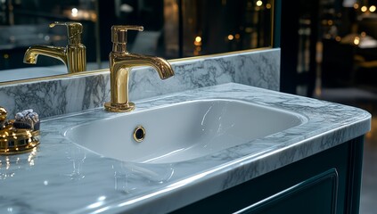 A graceful navy blue bathroom vanity complemented by gold hardware, set against a clean white background. The unit includes stylish drawers and cabinet doors, representing high-end decor and a