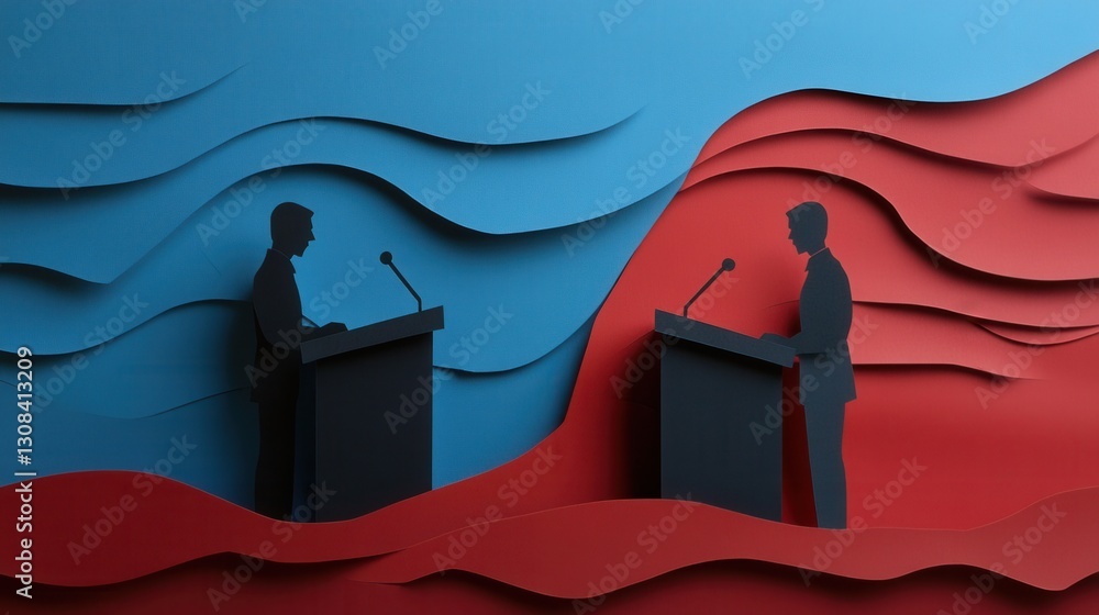 Poster Engaging paper art composition showing two figures in political debate with dynamic background and balanced colors Generative AI
