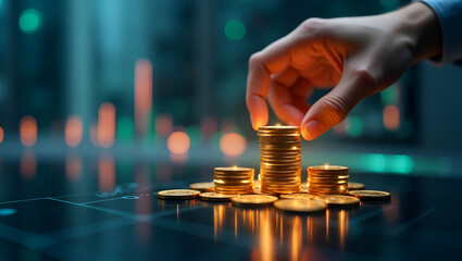 Building Financial Growth: Hand Stacking Glowing Coins in a Digital Investment Tower Concept