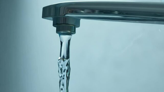 slow motion macro video capturing single water droplet falling sleek faucet modern bathroom kitchen setting recorded full HD