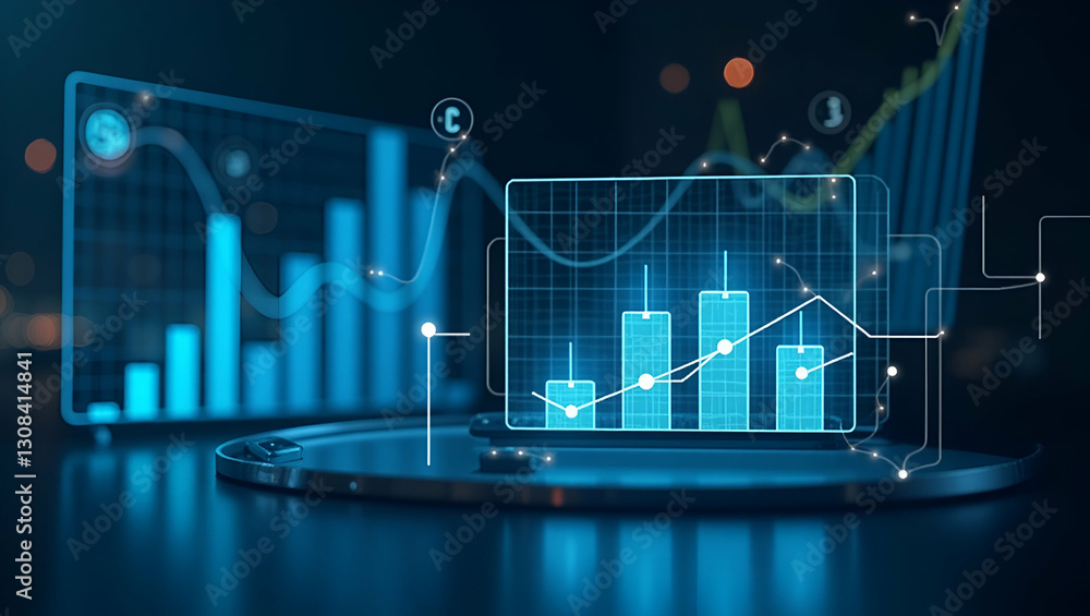 Poster digital workspace with floating holographic seo metrics: a cute vector illustration showcasing seo o