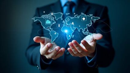 Holographic Screen Showcasing AI Innovation: Managing Automation Tools for Enhanced Corporate Efficiency - Professional Hands Concept with Empty Space for Customization