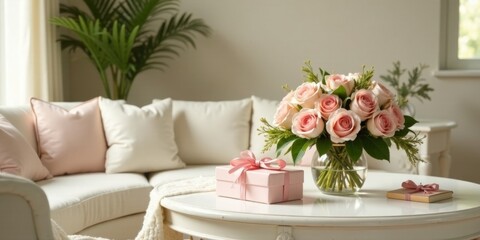 A serene living room scene featuring a pastel-hued sofa, a delicate bouquet of roses in a glass vase, and a thoughtfully wrapped gift on a white side table.