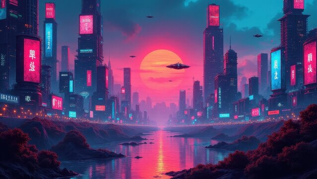 Dark sci-fi cities, A sprawling neon-drenched metropolis with bioluminescent skyscrapers hovercars and electric haze glowing in the distance