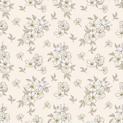 Obraz premium Elegant Floral Pattern with Soft White Flowers and Subtle Foliage on a Gentle Beige Background
