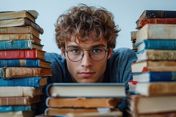 A young man with curly hair and glasses looks intently at the camera, surrounded by piles of old books, showcasing a love for reading and knowledge.