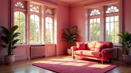 Serene Pink Room with Sunlight Streaming Through Large Windows and a Comfortable Sofa