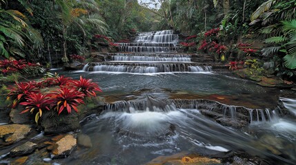 Fototapeta premium Serene Cascading Waterfall in Lush Tropical Garden